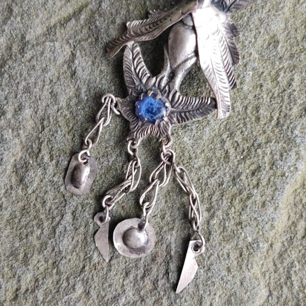 Antique Peruvian Peacock Shawl Pin/Brooch Cabochon Blue Stone Silver Ove… - Picture 8 of 10